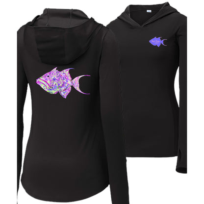 Women’s black long sleeve performance hoodie, thumb holes, colorful triggerfish design, and Reel Fishy Triggerfish logo on front.
