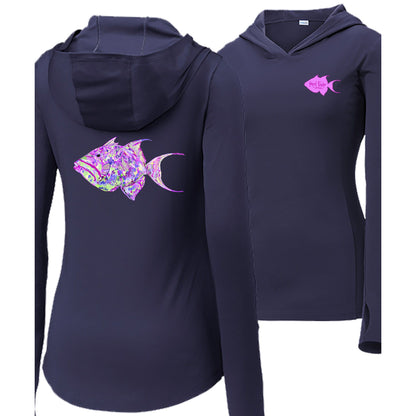 Women’s navy long sleeve performance hoodie, thumb holes, colorful triggerfish design, and Reel Fishy Triggerfish logo on front.