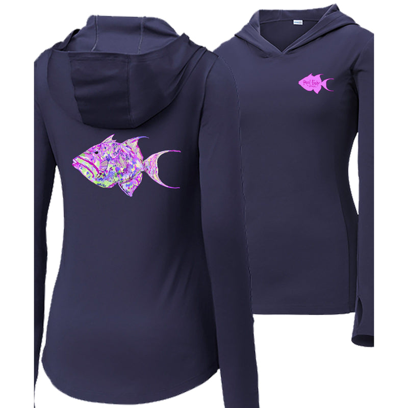 Women’s navy long sleeve performance hoodie, thumb holes, colorful triggerfish design, and Reel Fishy Triggerfish logo on front.