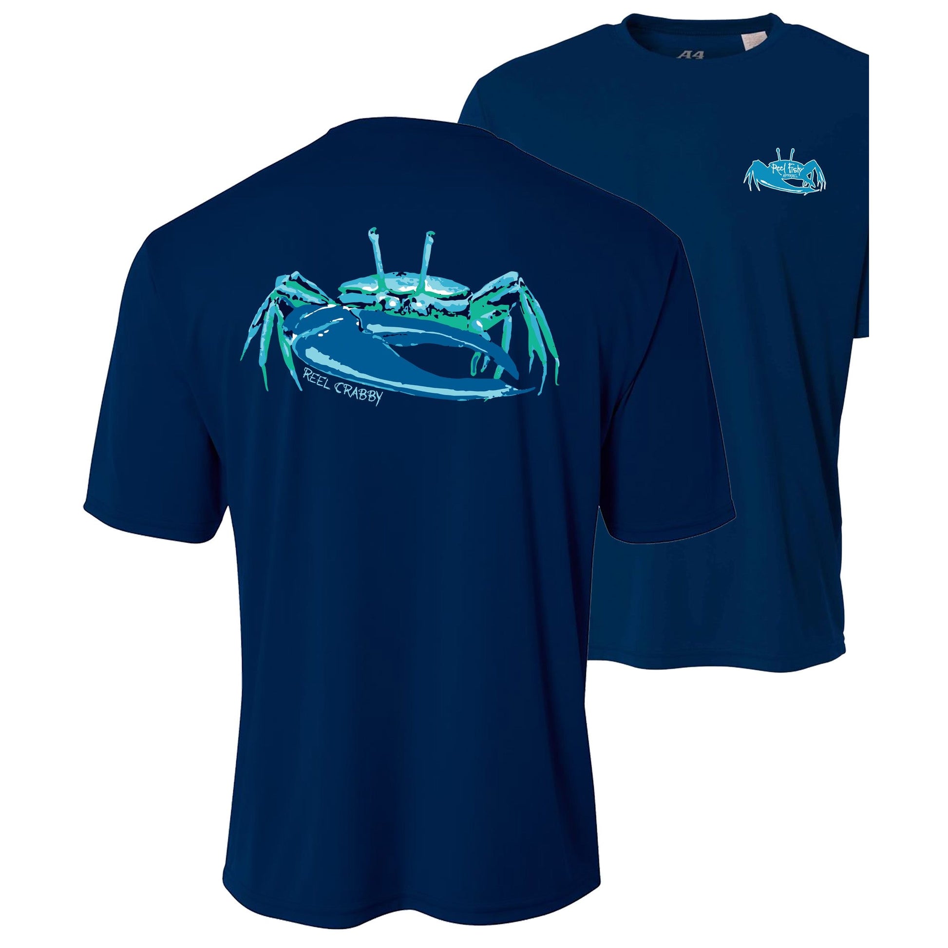 Youth navy performance short sleeve shirt with fiddler crab design on back, Reel Fishy fiddler crab logo on front.