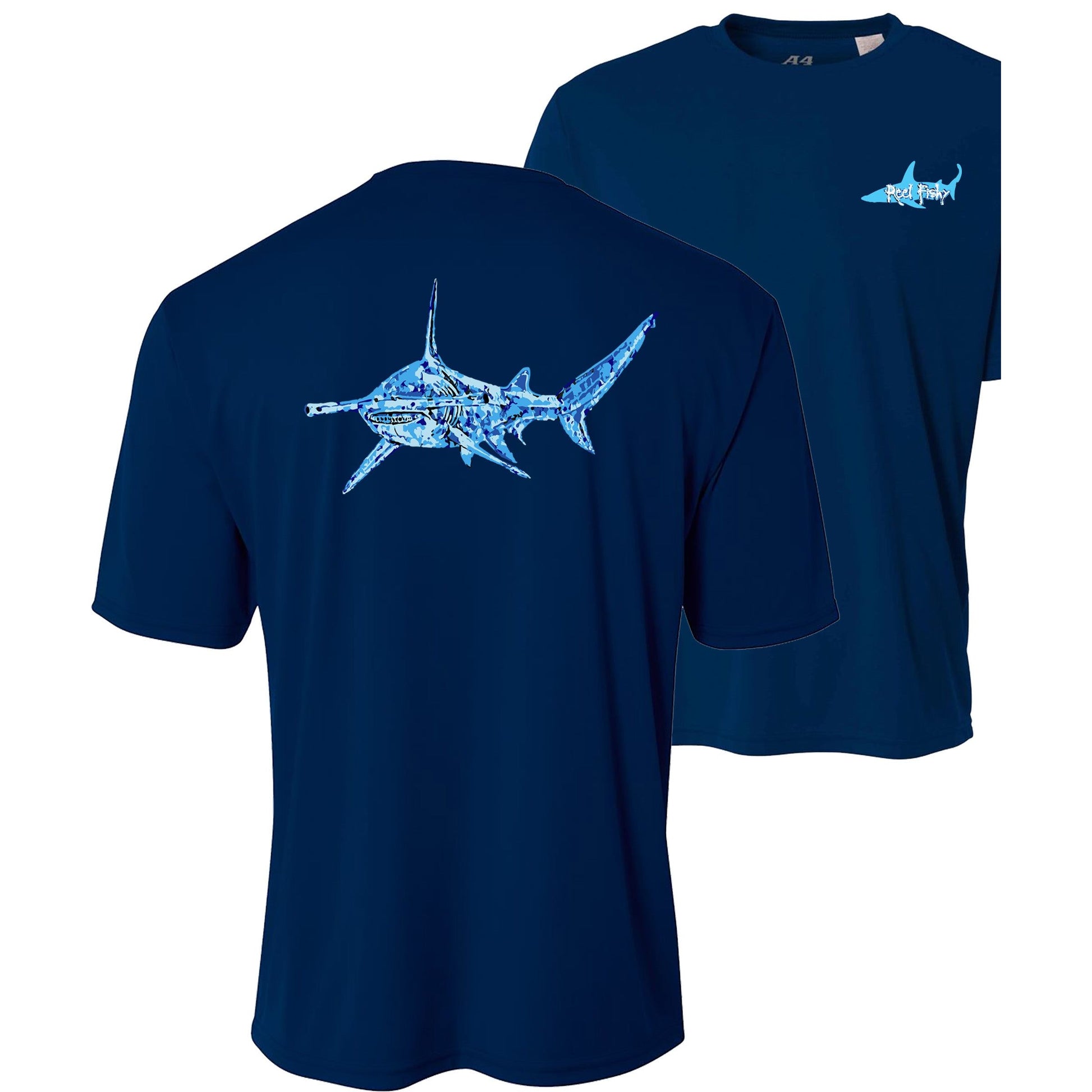 Youth navy performance short sleeve shirt with hammerhead shark design on back, Reel Fishy hammerhead shark logo on front.