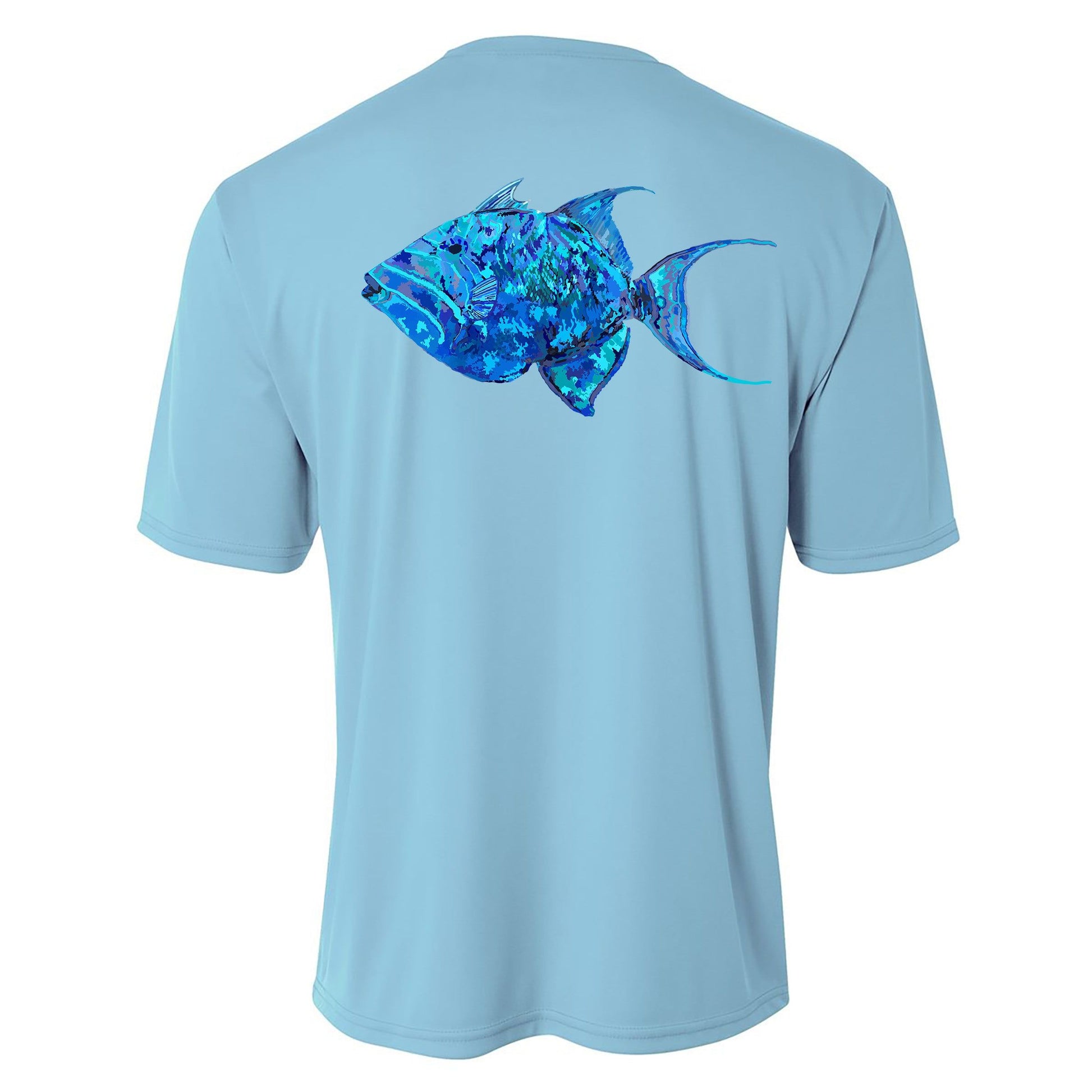 Youth light blue performance short sleeve shirt with triggerfish design on back, Reel Fishy triggerfish on front.