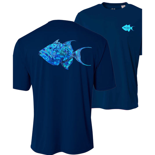 Youth navy performance short sleeve shirt with triggerfish design on back, Reel Fishy triggerfish on front.