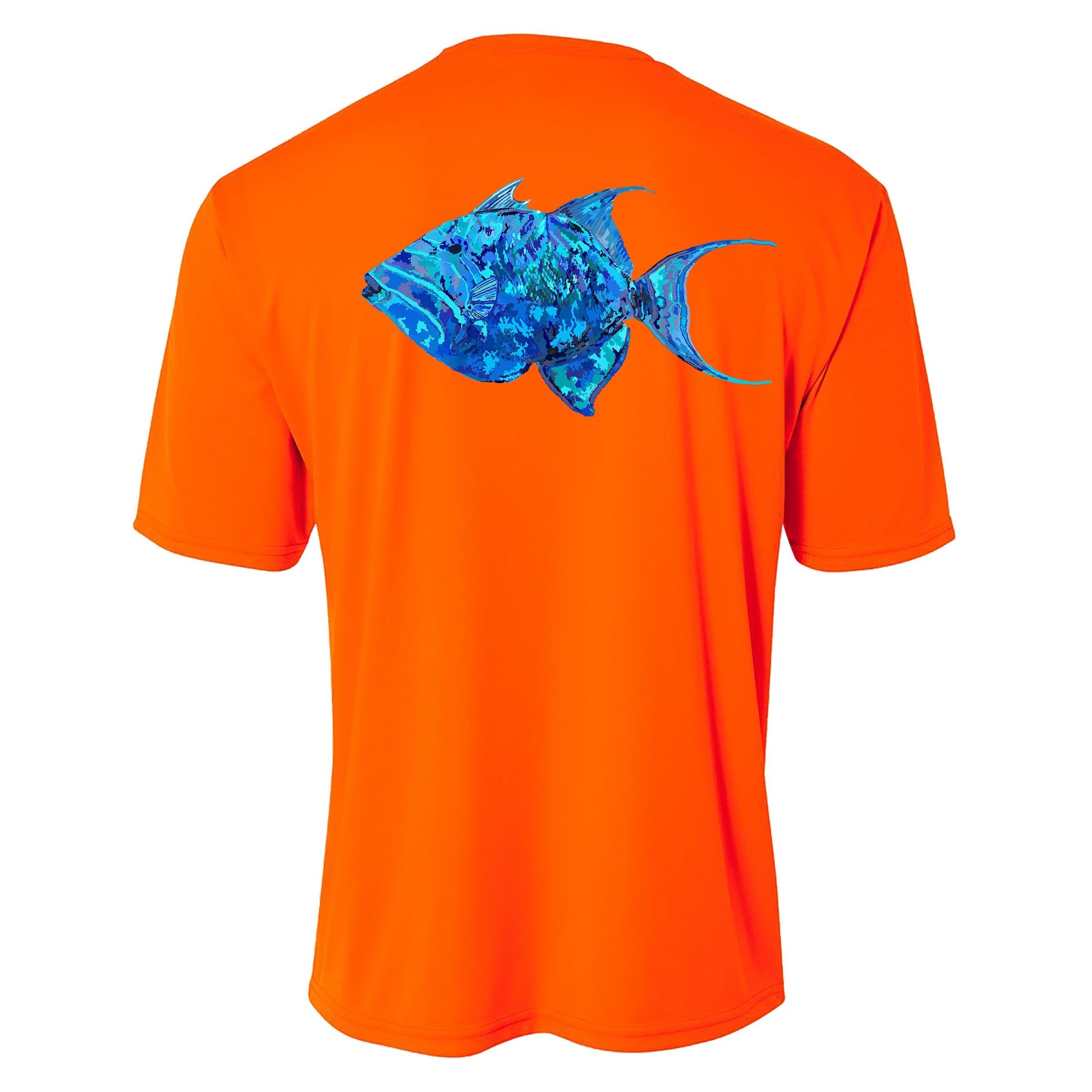 Youth neon orange performance short sleeve shirt with triggerfish design on back, Reel Fishy triggerfish on front.
