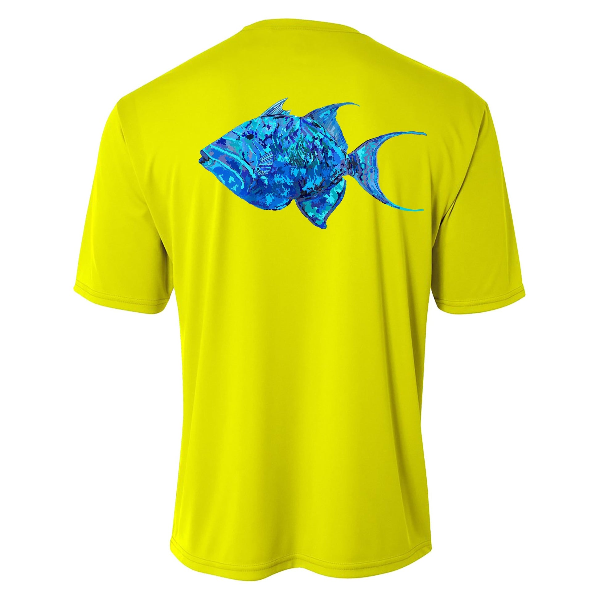 Youth neon yellow performance short sleeve shirt with triggerfish design on back, Reel Fishy triggerfish on front.