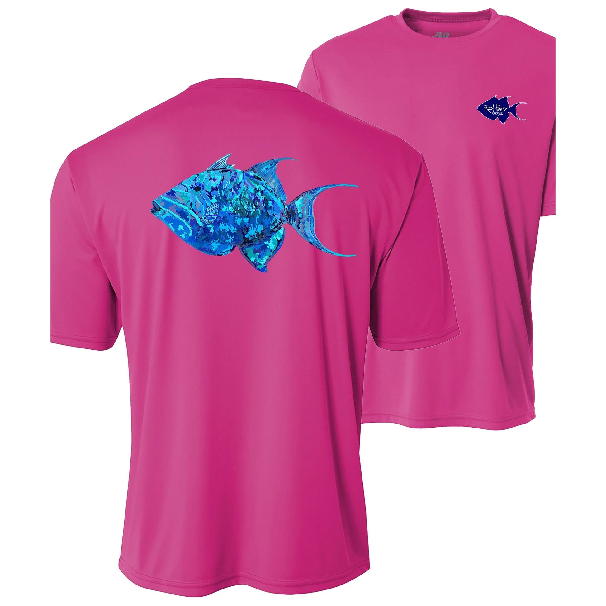 Youth pink performance short sleeve shirt with triggerfish design on back, Reel Fishy triggerfish on front.