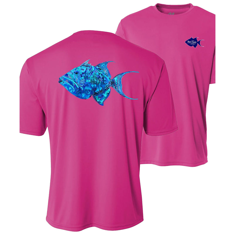 Youth pink performance short sleeve shirt with triggerfish design on back, Reel Fishy triggerfish on front.
