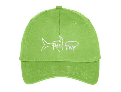 Kids fishing hat in neon green with Reel Fishy Tarpon logo
