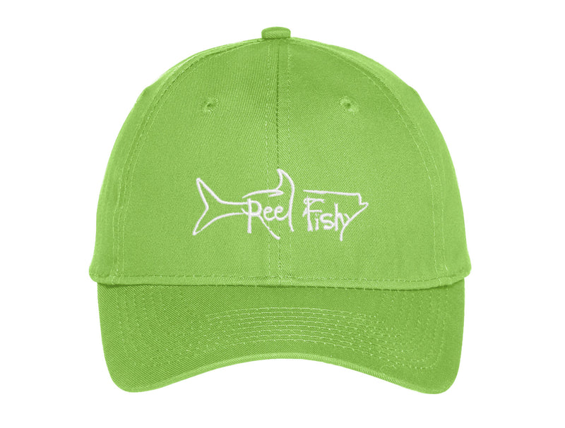 Kids fishing hat in neon green with Reel Fishy Tarpon logo
