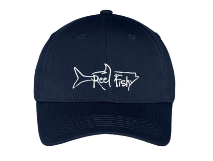 Kids fishing hat in navy with Reel Fishy Tarpon logo
