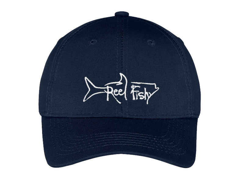 Kids fishing hat in navy with Reel Fishy Tarpon logo
