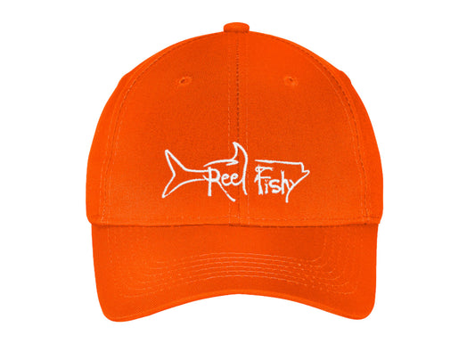 Kids fishing hat in orange with Reel Fishy Tarpon logo

