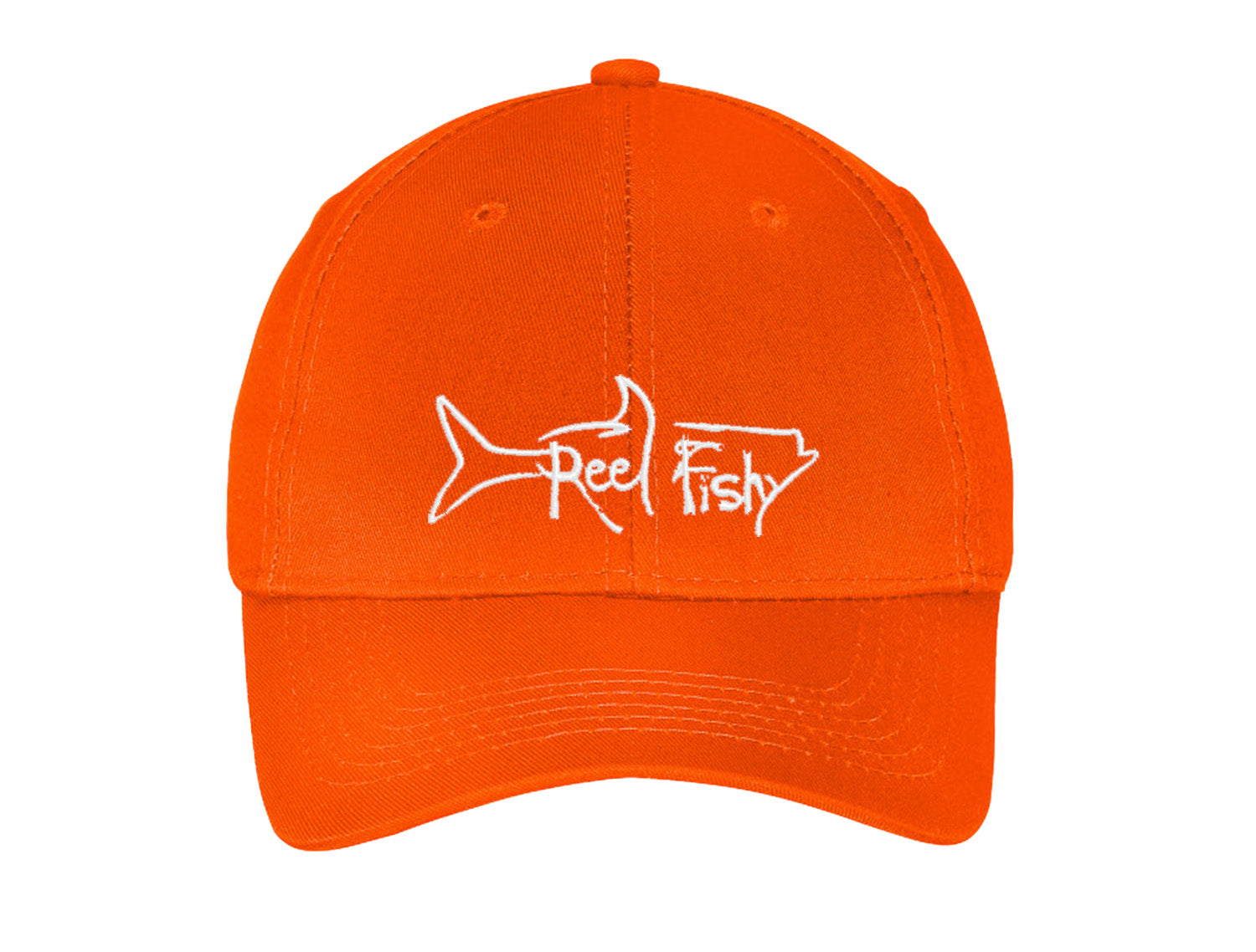 Kids fishing hat in orange with Reel Fishy Tarpon logo

