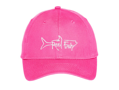 Kids fishing hat in pink with Reel Fishy Tarpon logo
