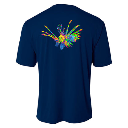 Youth navy performance short sleeve shirt with colorful lionfish design on back, Reel Fishy spearfishing logo on front.