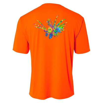 Youth neon orange performance short sleeve shirt with colorful lionfish design on back, Reel Fishy spearfishing logo on front.
