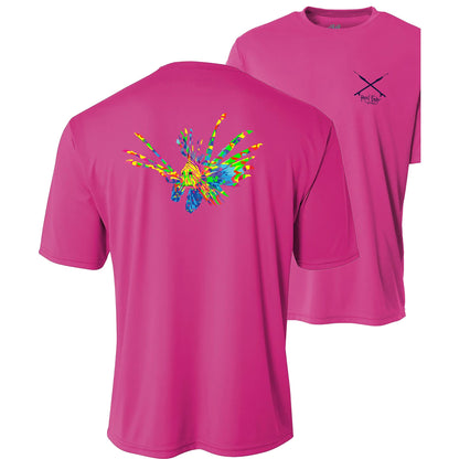 Youth pink performance short sleeve shirt with colorful lionfish design on back, Reel Fishy spearfishing logo on front.