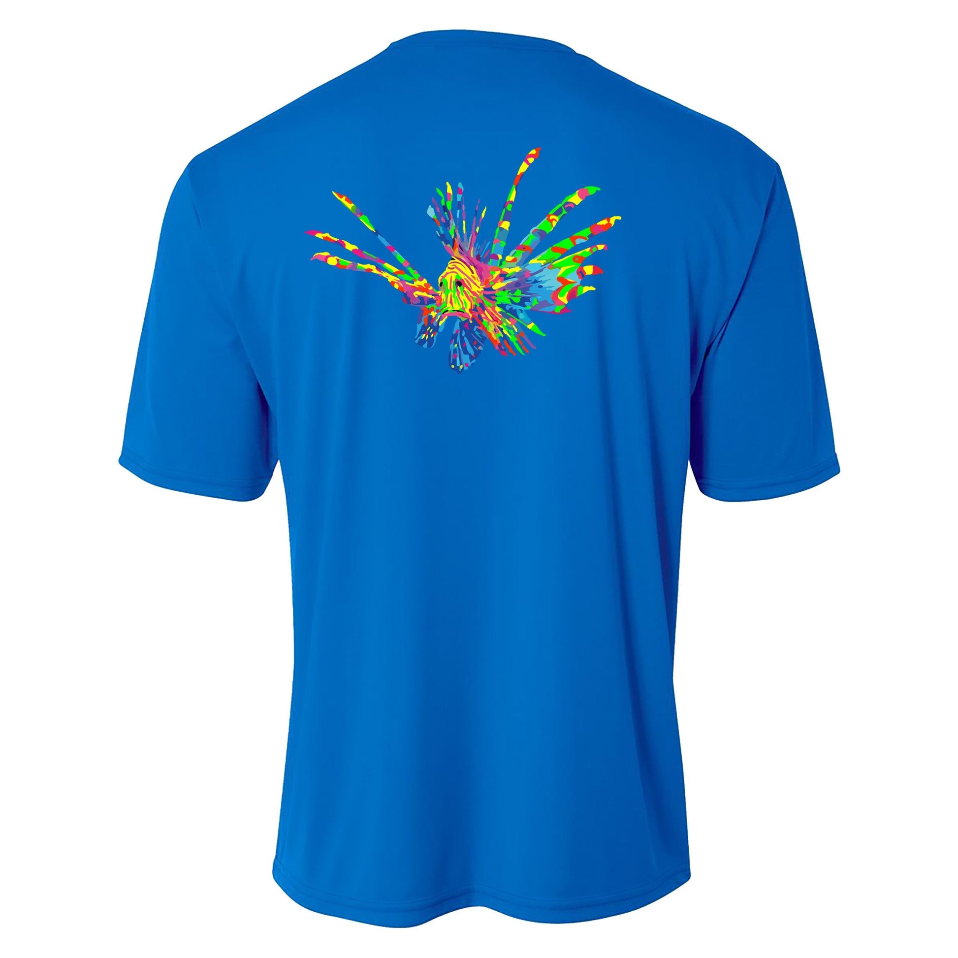 Youth royal blue performance short sleeve shirt with colorful lionfish design on back, Reel Fishy spearfishing logo on front.