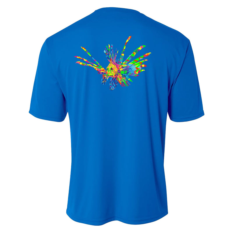Youth royal blue performance short sleeve shirt with colorful lionfish design on back, Reel Fishy spearfishing logo on front.