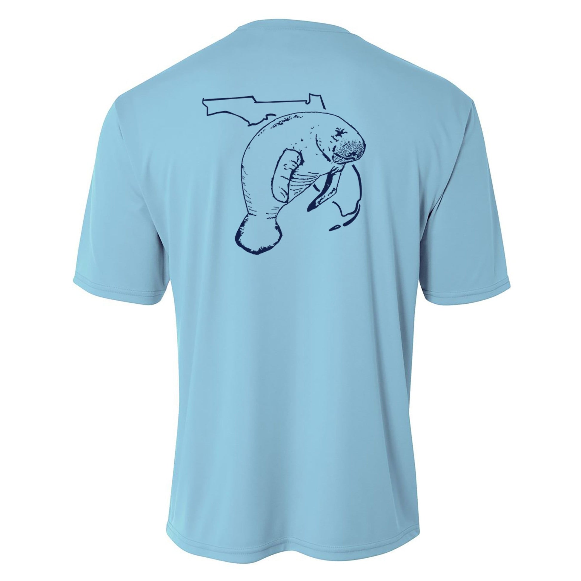 Youth light blue performance short sleeve shirt with manatee and State of Florida design on back, Reel Fishy logo on front.