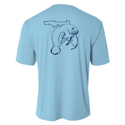 Youth light blue performance short sleeve shirt with manatee and State of Florida design on back, Reel Fishy logo on front.