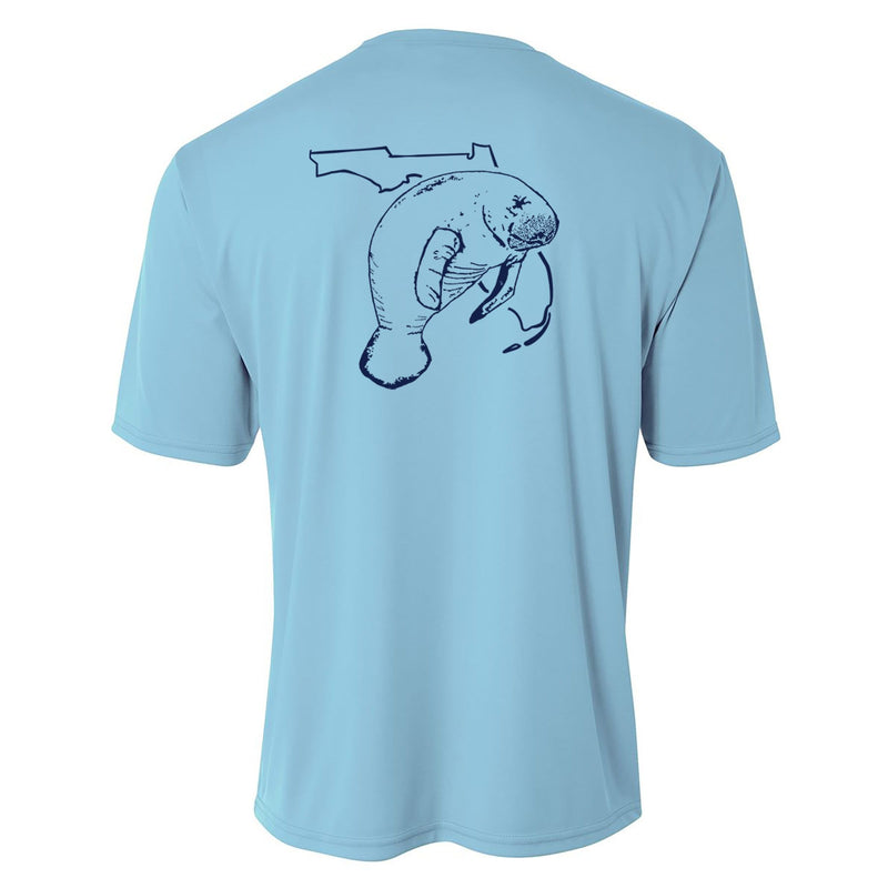 Youth light blue performance short sleeve shirt with manatee and State of Florida design on back, Reel Fishy logo on front.