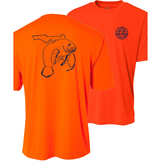 Youth neon orange performance short sleeve shirt with manatee and State of Florida design on back, Reel Fishy logo on front.