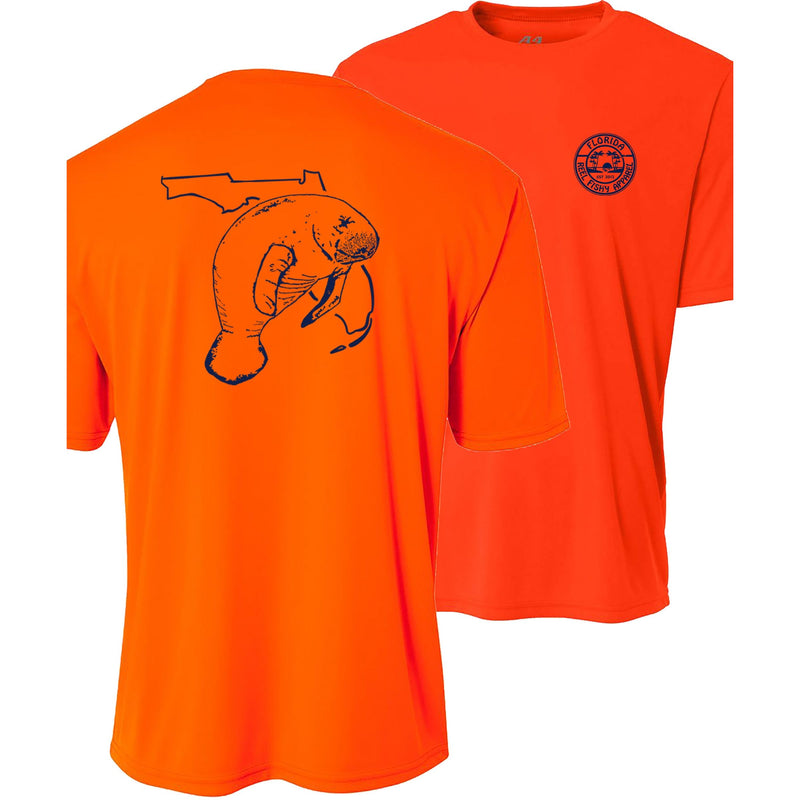 Youth neon orange performance short sleeve shirt with manatee and State of Florida design on back, Reel Fishy logo on front.