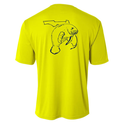 Youth neon yellow performance short sleeve shirt with manatee and State of Florida design on back, Reel Fishy logo on front.