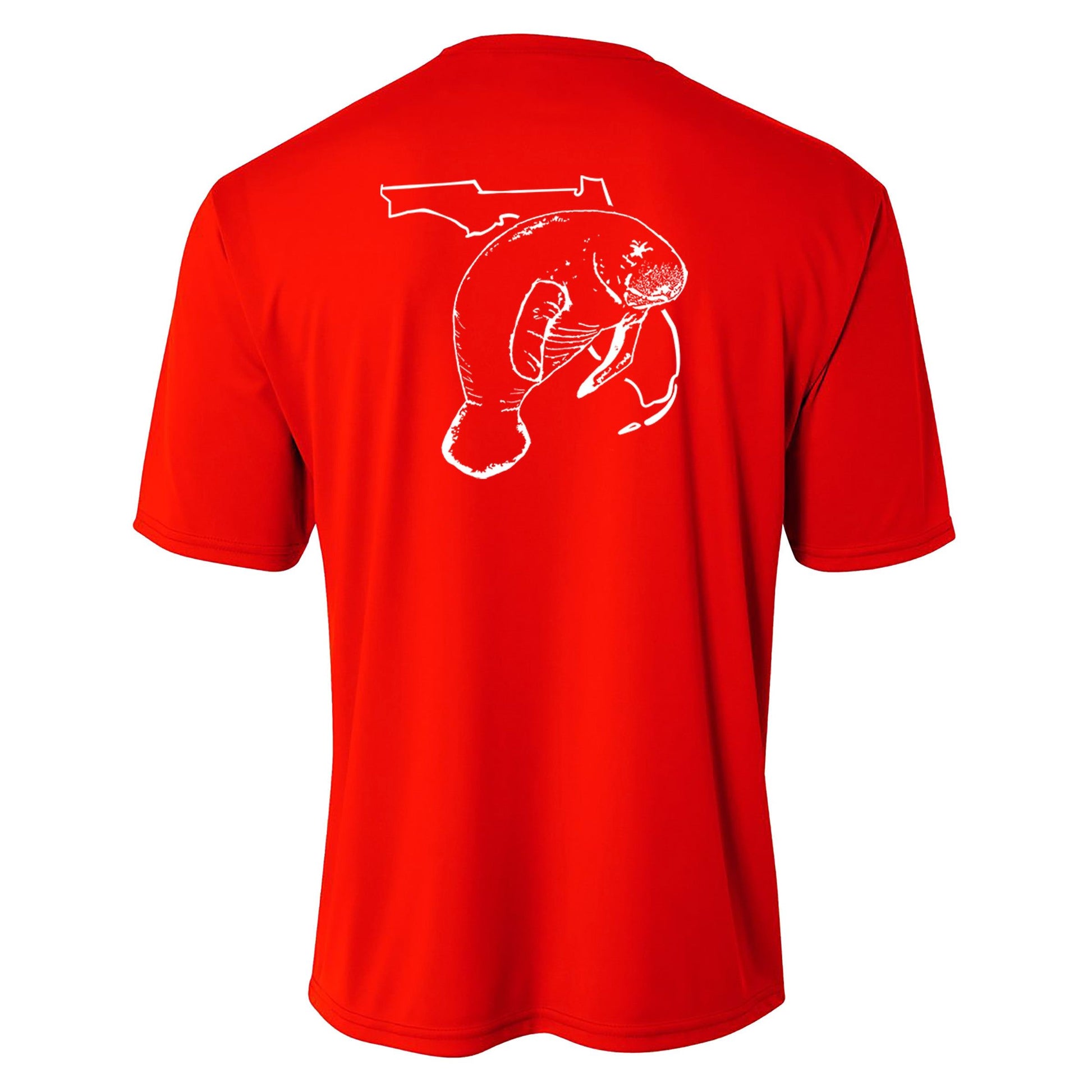 Youth orange performance short sleeve shirt with manatee and State of Florida design on back, Reel Fishy logo on front.