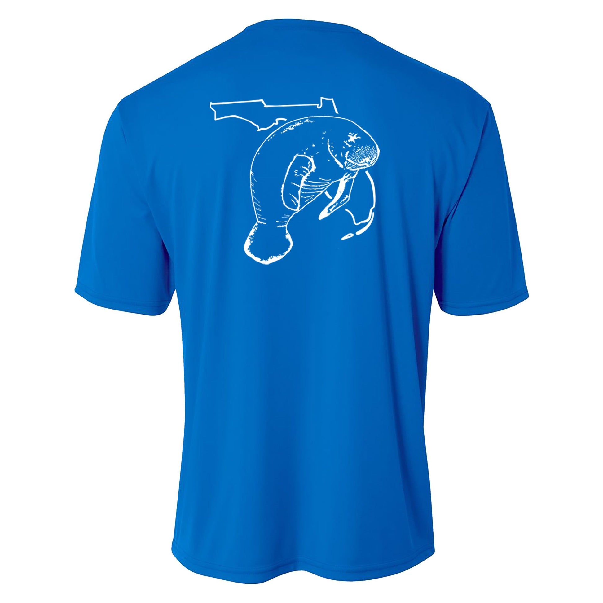 Youth royal blue performance short sleeve shirt with manatee and State of Florida design on back, Reel Fishy logo on front.
