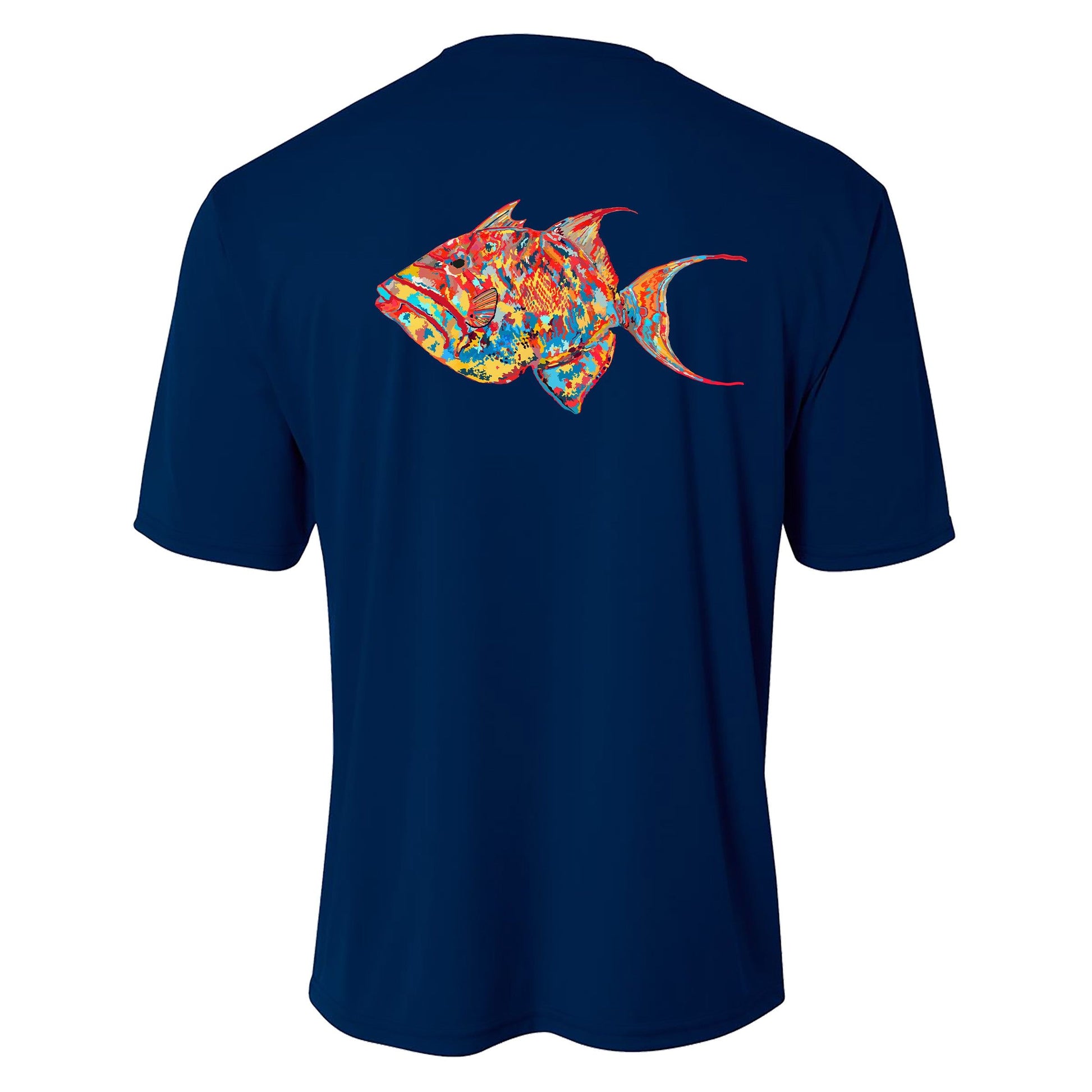 Youth navy performance short sleeve shirt with triggerfish design on back, Reel Fishy triggerfish on front.