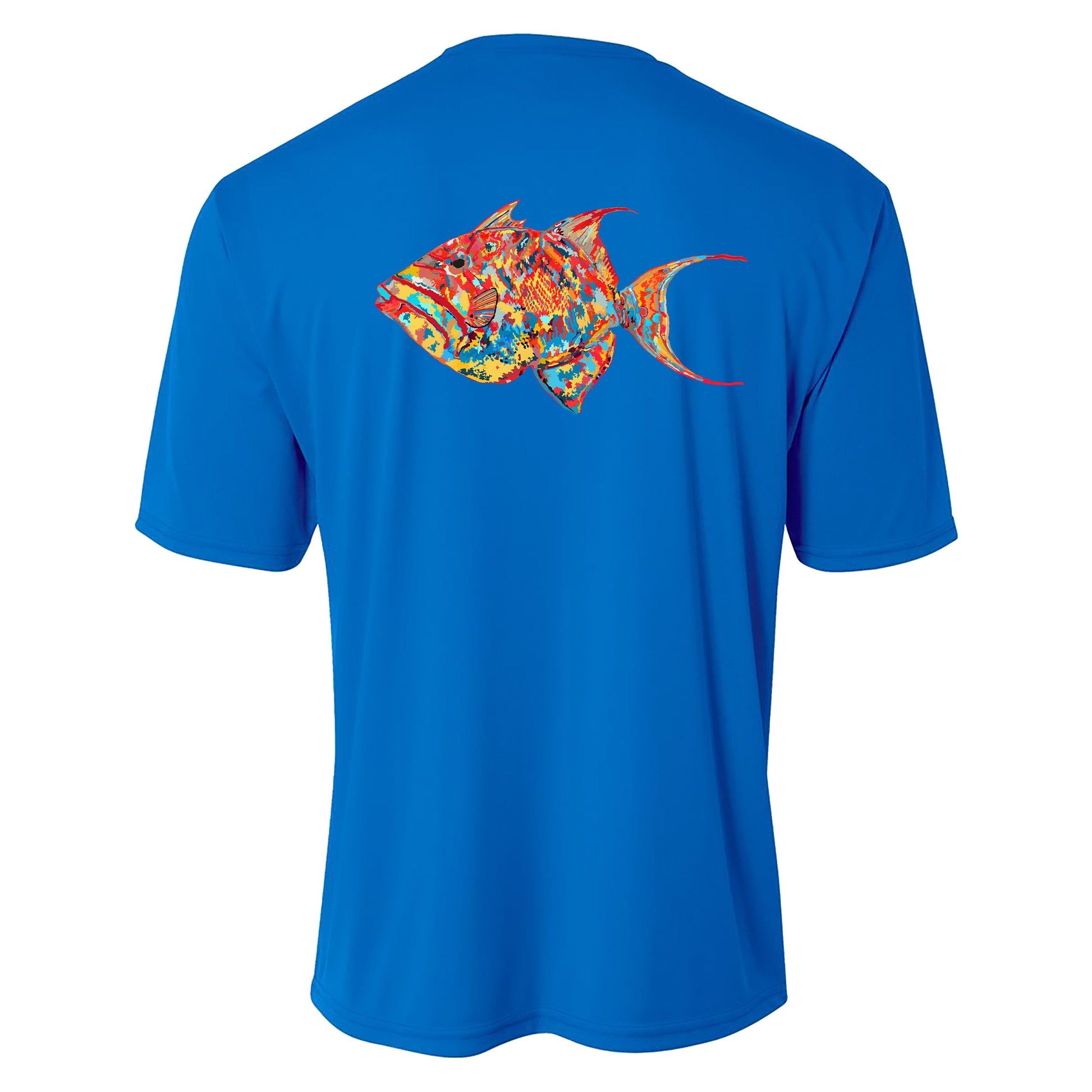 Youth royal blue performance short sleeve shirt with triggerfish design on back, Reel Fishy triggerfish on front.