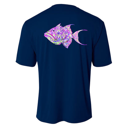 Youth navy performance short sleeve shirt with triggerfish design on back, Reel Fishy triggerfish on front.