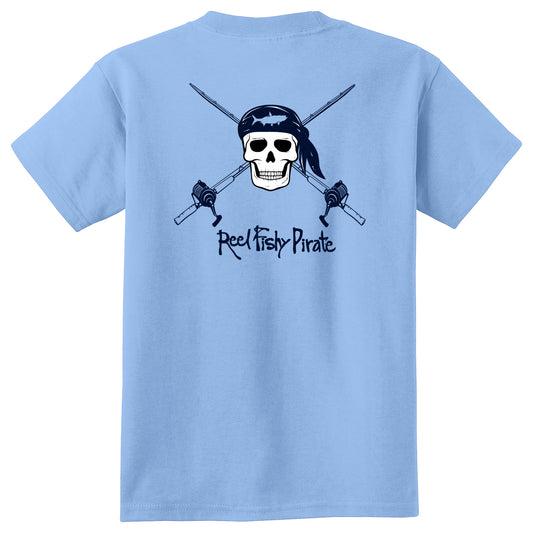 Youth light blue Reel Fishy t-shirt with Pirate Skull and fishing rods design