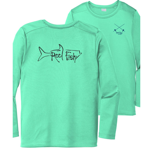 Kids’ long sleeve seagrass green performance shirt featuring a Tarpon design on the back and salt rods on the front