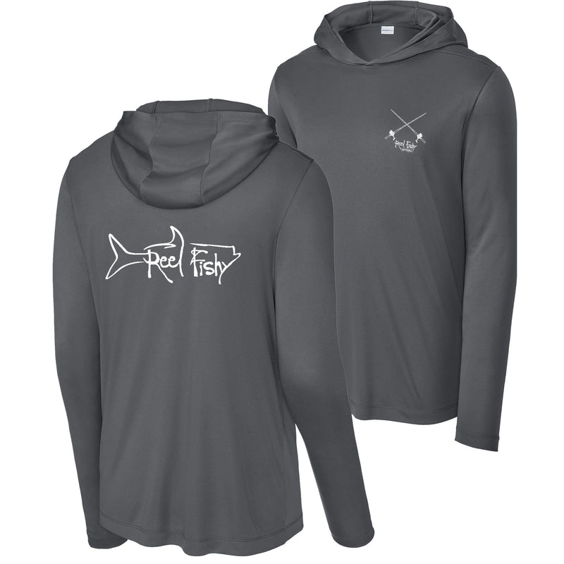 Dark Gray Reel Fishy Tarpon performance hoodie fishing shirt with long sleeves and 50+ UPF sun protection