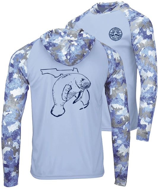 Light blue Florida Manatee dri-fit 50+ sun protection long sleeve hoodie - camo sleeves