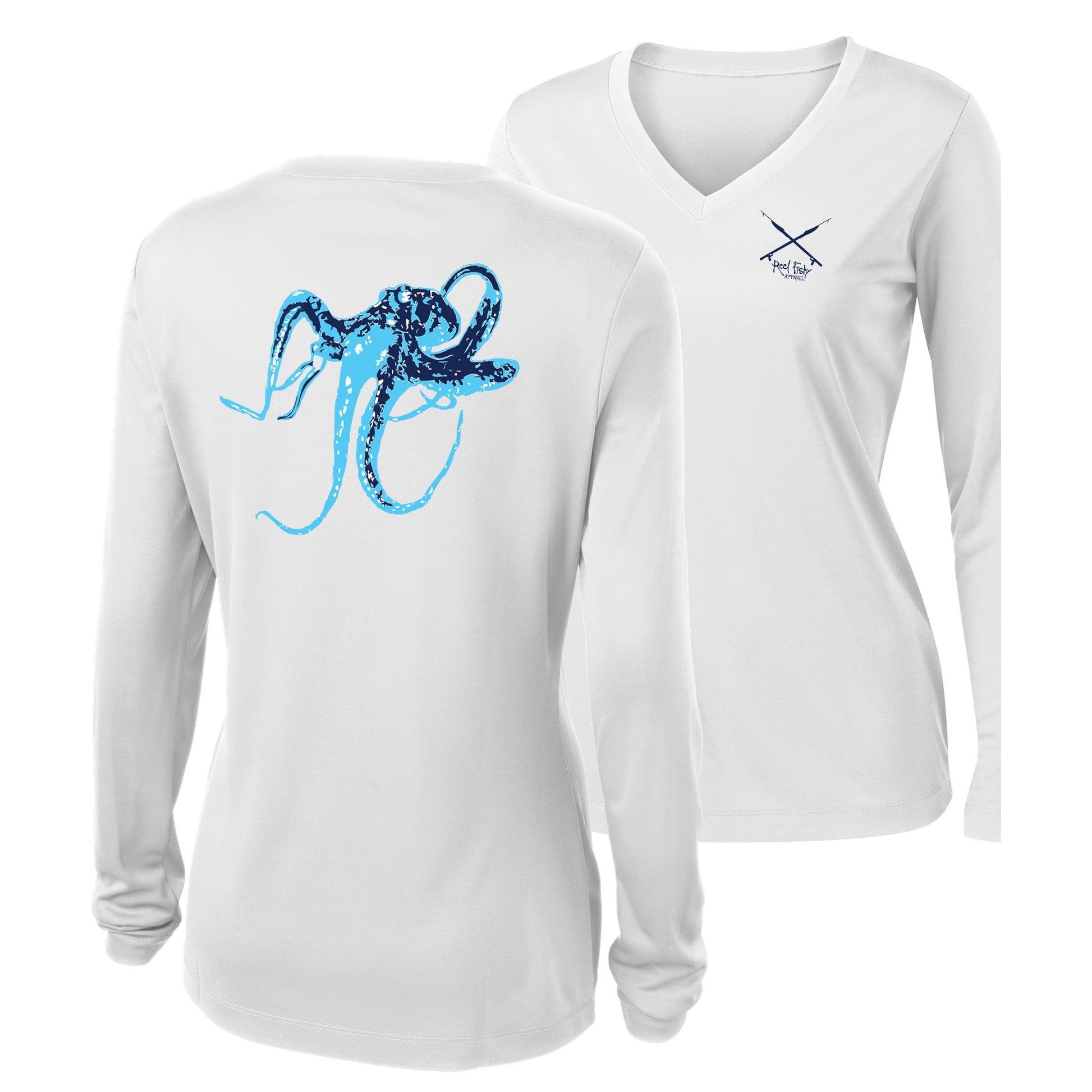 Women's white long sleeve performance V-neck with blue octopus graphic