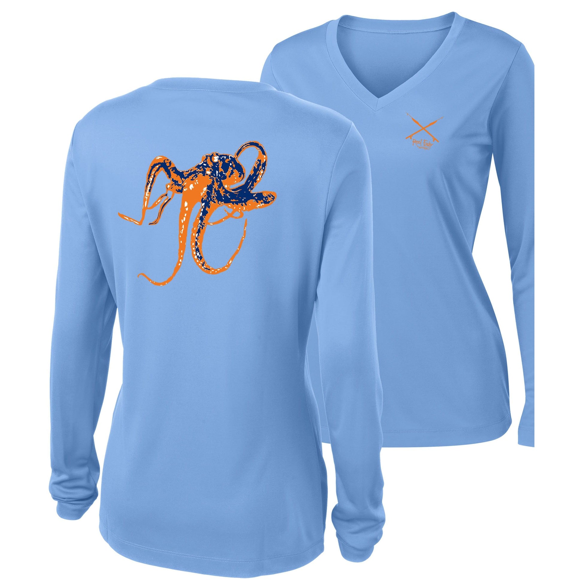 Women's light blue long sleeve performance V-neck with orange octopus graphic