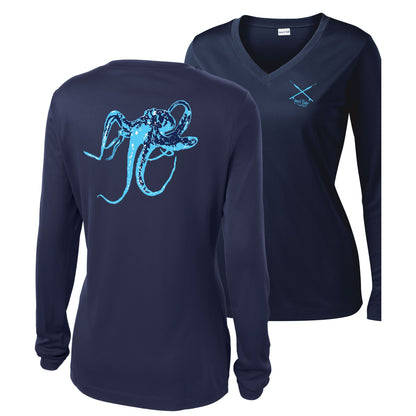 Women's navy long sleeve performance V-neck with blue octopus graphic