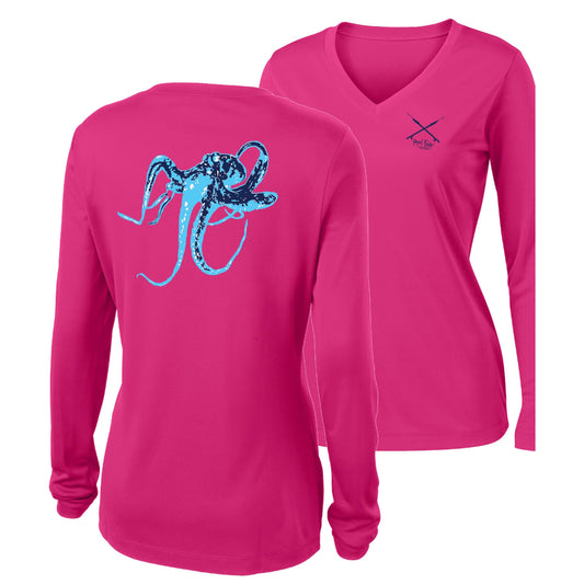 Women's pink long sleeve performance V-neck with blue octopus graphic