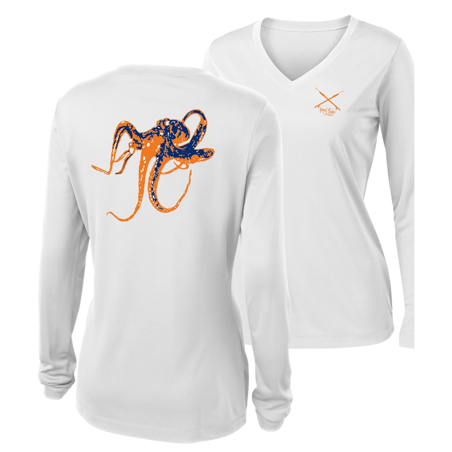 Women's white long sleeve performance V-neck with orange octopus graphic