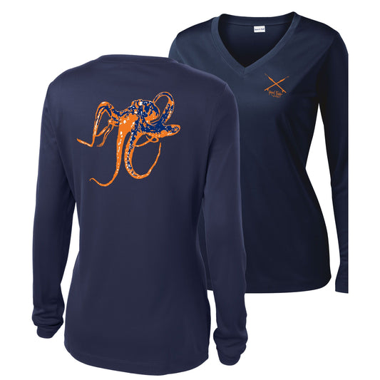 Women's navy long sleeve performance V-neck with orange octopus graphic