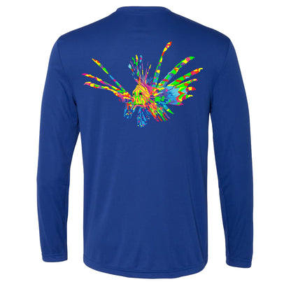 Full color lionfish logo on royal blue long sleeve dry-fit performance shirt