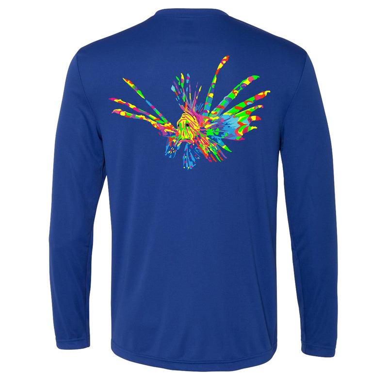 Full color lionfish logo on royal blue long sleeve dry-fit performance shirt