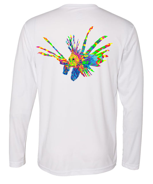 Full color lionfish logo on white long sleeve dry-fit performance shirt