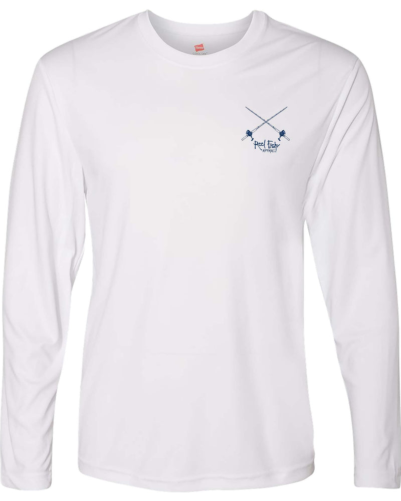 Mahi Fishing Performance Dry-Fit Long Sleeve White Shirt - Reel Fishy Salt Rods on front