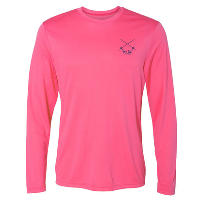 Front Unisex Pink Performance Fishing Long Sleeve Shirt with salt fishing rods on front and Reel Fishy tarpon long on back -50+ UPF