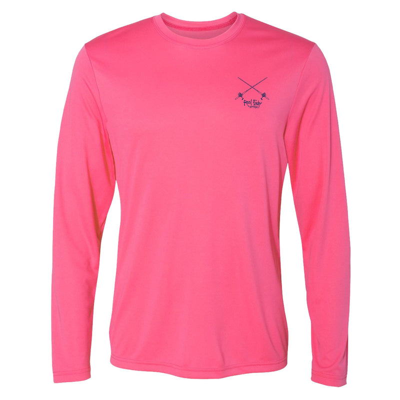 Front Unisex Pink Performance Fishing Long Sleeve Shirt with salt fishing rods on front and Reel Fishy tarpon long on back -50+ UPF